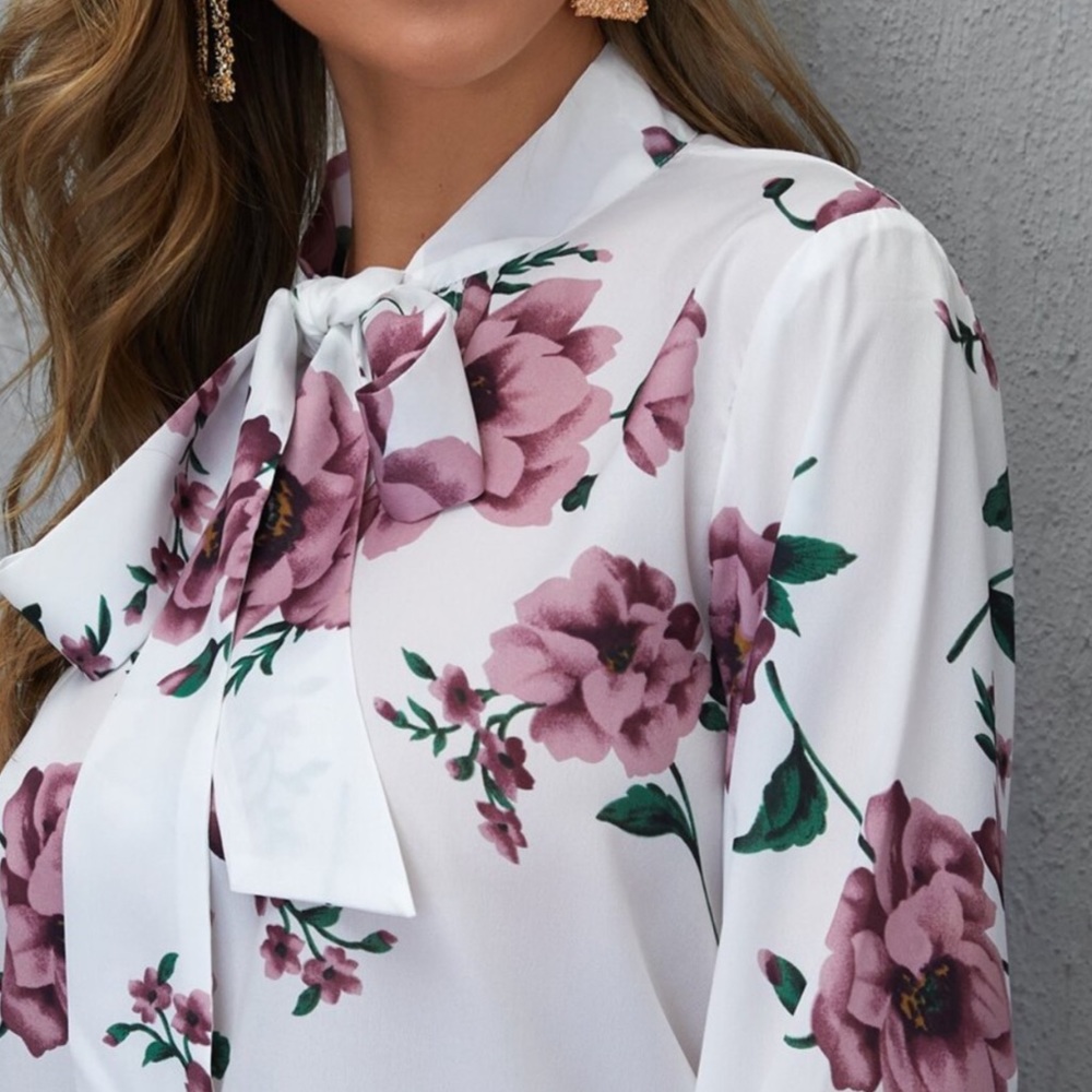 Boho Floral Tie Neck Long Sleeve Blouse - Picture 2 of 5